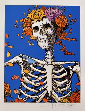 Hand Colored Center Skeleton and Roses (Dark Blue)